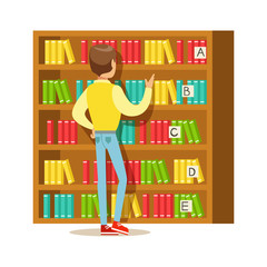 Man Choosing A Book From The Bookshelf, Smiling Person In The Library Vector Illustration