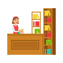 Librarian Putting The Books Back On Bookshelf, Smiling Person In The Library Vector Illustration