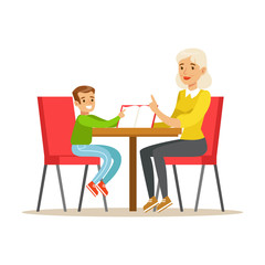 Fototapeta na wymiar Grandmother And A Boy Reading a Book Together, Smiling Person In The Library Vector Illustration