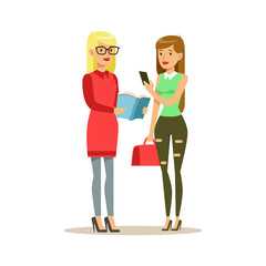 Two Girls Discussing A Book, Smiling Person In The Library Vector Illustration