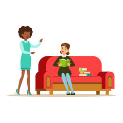 Woman Sitting On Sofa Reading A Book Talking To A Friend, Smiling Person In The Library Vector Illustration