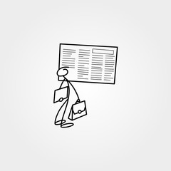 Cartoon icon of sketch business man stick figure with suitcase