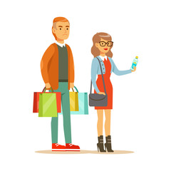 Couple With Multiple Clothing Outlet Bags Shopping In Department Store ,Cartoon Character Buying Things In The Shop