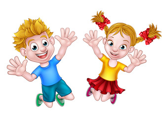 Boy and Girl Jumping Cartoon