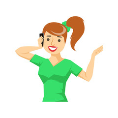 Woman In Green T-shirt Chatting On Smartphone, Part Of People Speaking On The Mobile Phone Series