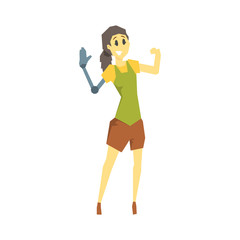 Woman With Prosthetic Arm, Young Person With Disability Overcoming The Injury Living Full Live Vector Illustration