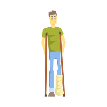 Guy With Cast On Leg With Crouches, Young Person With Disability Overcoming The Injury Living Full Live Vector Illustration