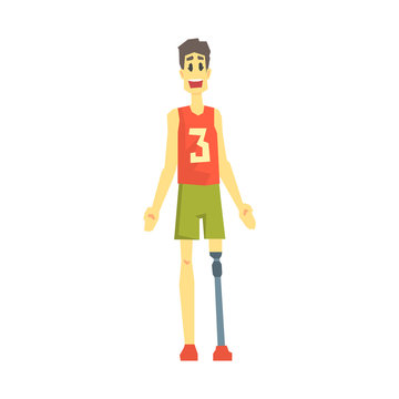 Guy In Sportive Outfit With Artificial Leg, Young Person With Disability Overcoming The Injury Living Full Live Vector Illustration