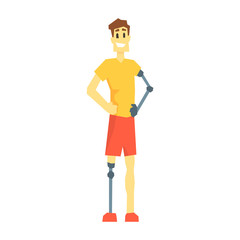 Fototapeta na wymiar Guy WithProsthetic Leg And Arm, Young Person With Disability Overcoming The Injury Living Full Live Vector Illustration