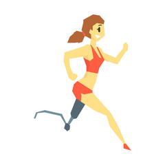 Fototapeta na wymiar Woman Running With Prosthetic Leg, Young Person With Disability Overcoming The Injury Living Full Live Vector Illustration