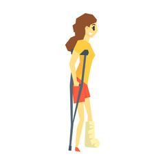 Girl With Cast On Leg Walking With Croushes, Young Person With Disability Overcoming The Injury Living Full Live Vector Illustration