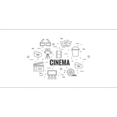 Abstract background with popcorn,  camera, film reel, mask, clapboard, 3D glasses and  tickets. The concept of cinema and watching  movie. Layout, flyer, poster for announcement. thin line.