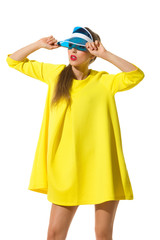 Fashion Girl In Yellow Dress And Sun Visor