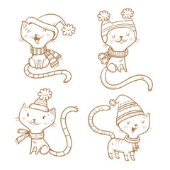 Cute cartoon cats set. Four little kitten. Winter time. Funny animals in hats and scarves. Vector contour image no fill. Children's illustration.