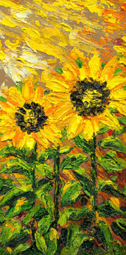 Abstract painting. Bright sunflowers on the field