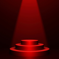 Round podium on red background with volumetric light. 3D rendering