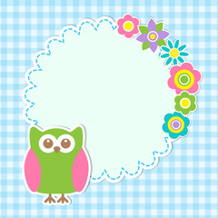 Round frame with cute owl and flowers