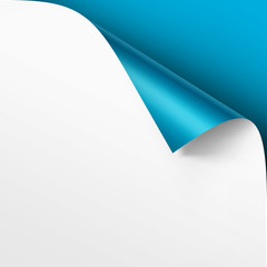Vector Curled corner of White paper with shadow Mock up Close up Isolated on Bright Light Blue Background