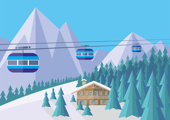 The image is a wooded mountain slope, the Chalet and the cable car. Beautiful winter landscape. Vector background.