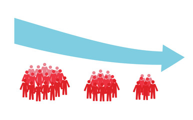 Vector image of three crowds of people getting smaller and a downwards arrow