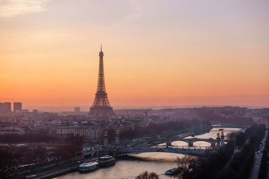 The Eiffel Tower at sunset in Paris, France