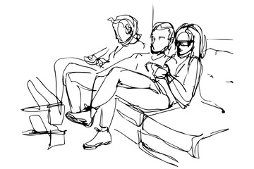 Obraz premium vector sketch of two boys and a girl sitting on the couch
