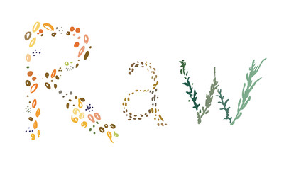 Handwritten colored banner with text Raw, isolated on white background - vector