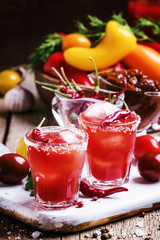 Cold tomato cocktail with pepper and salt, rustic style, selecti