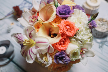 Close-up of beautiful calls put in wedding bouquet