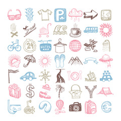 49 hand drawing doodle different icon set about travel