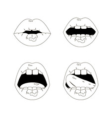 Set of  four sexy open mouths, tongue hanging out, outline erotic seductive lips, passion