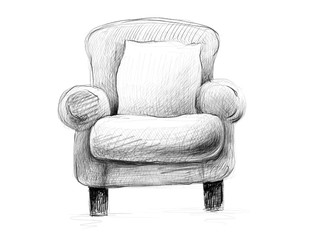 black and white sketch pencil drawing of an armchair with a pill