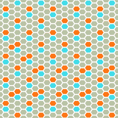 Seamless vector honey comb pattern with gray, orange and blue color accents and white stroke. Endless texture for documents, textile, wrap or wallpaper.