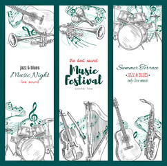 Jazz music festival banners, musical instruments