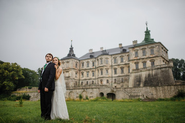 Loving wedding couple at their happy wedding day background old