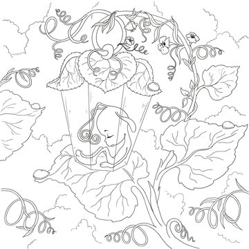 Fairy cartoon character. Firefly Fairy sleeping in the leaves. Page coloring book. Vector isolated.