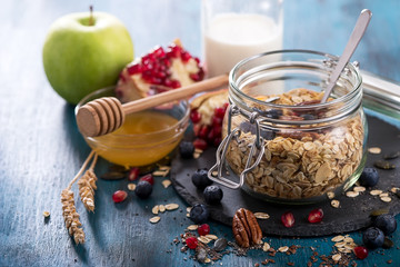 Granola with berries, nuts and seeds, healthy breakfast concept