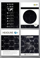 Templates for brochure, magazine, flyer. Cover template, easy editable vector, layout in A4 size. Chemistry 3D pattern, hexagonal molecule structure on black. Motion design. Geometric background.