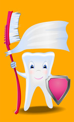 Character smiling tooth with a toothbrush and a shield