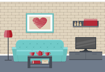 Living room Interior. Flat vector background. Home design lounge with furniture couch, coffee table, TV, picture and brick wall. 