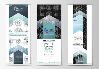 Fototapeta na wymiar Roll up banner stands, flat templates, geometric style, corporate vertical vector flyers, flag layouts. High tech, connecting system. Science and technology concept. Futuristic abstract background.