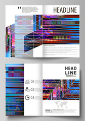Business templates for bi fold brochure, magazine, flyer, booklet, report. Cover design template, abstract vector layout in A4 size. Glitched background made of colorful pixel mosaic. Glitch backdrop.