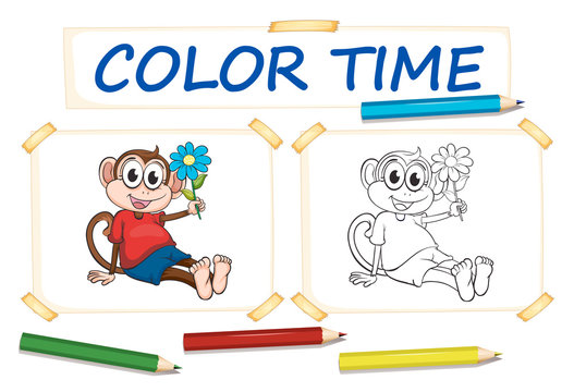 Coloring template with monkey and flower