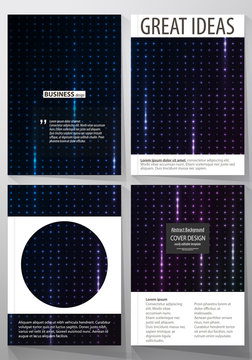 Business templates for brochure, magazine, flyer, booklet. Cover template, layout in A4 format. Abstract colorful neon dots, dotted background. Glowing particles, led light pattern, vector design.