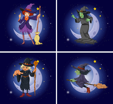 Different witch characters on magic broom