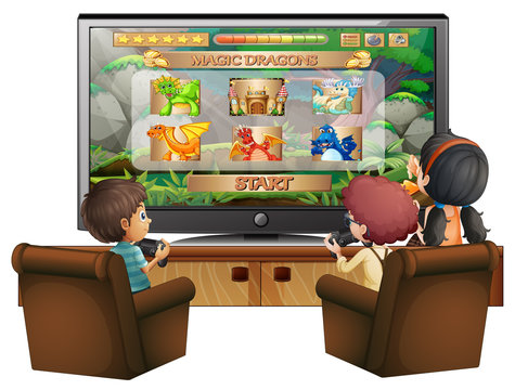 Kids Playing Game With Big Screen TV