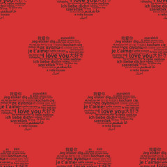 I love you in different language. Words hearts seamless pattern on red background. Vector illustration