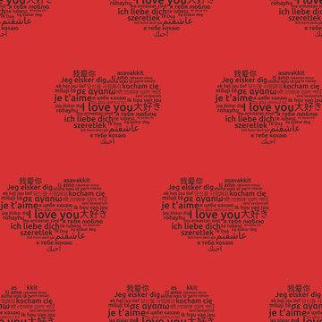 I love you in different language. Words hearts seamless pattern on red background. Vector illustration