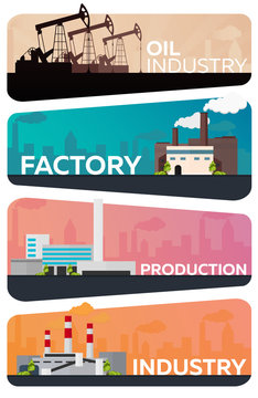 Industrial building factory set. Manufacturing, Oil Industry Vector flat illustration.