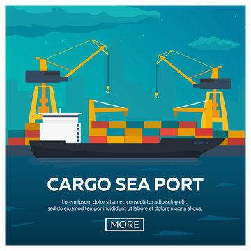 Sea transportation logistic. Sea Freight. Maritime shipping. Merchant Marine. Cargo ship. Vector flat illustration.